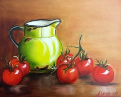 Grüne Kanne mit Tomaten